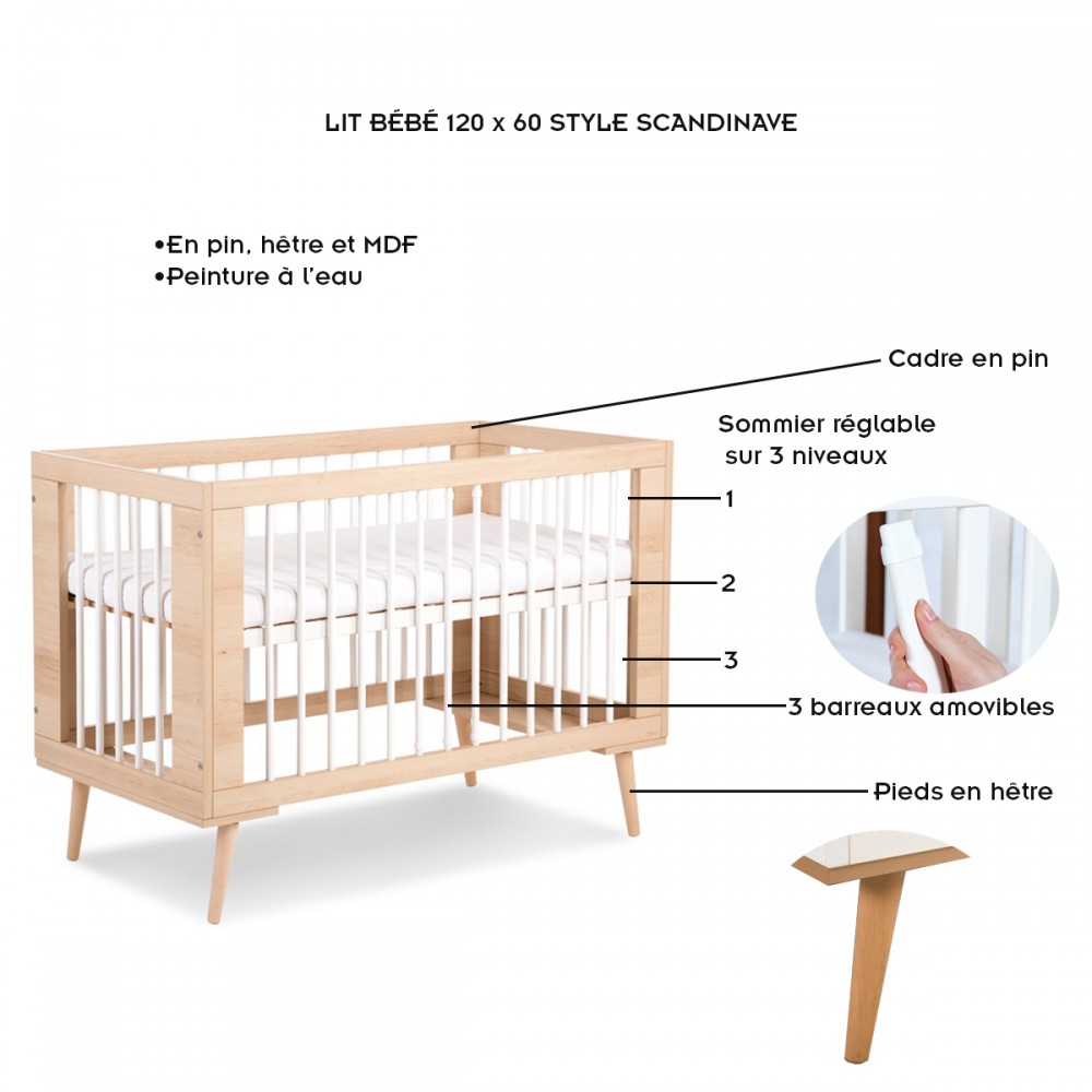 Lit bébé à barreaux, hauteur ajustable sur 3 niveaux