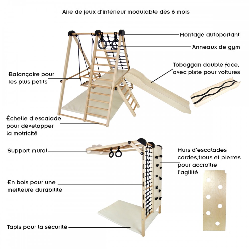 Aire de jeux en bois modulable pour enfants dès 6 mois pour intérieur