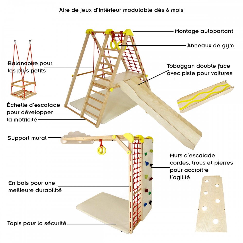 Aire de jeux en bois modulable pour enfants dès 6 mois pour intérieur