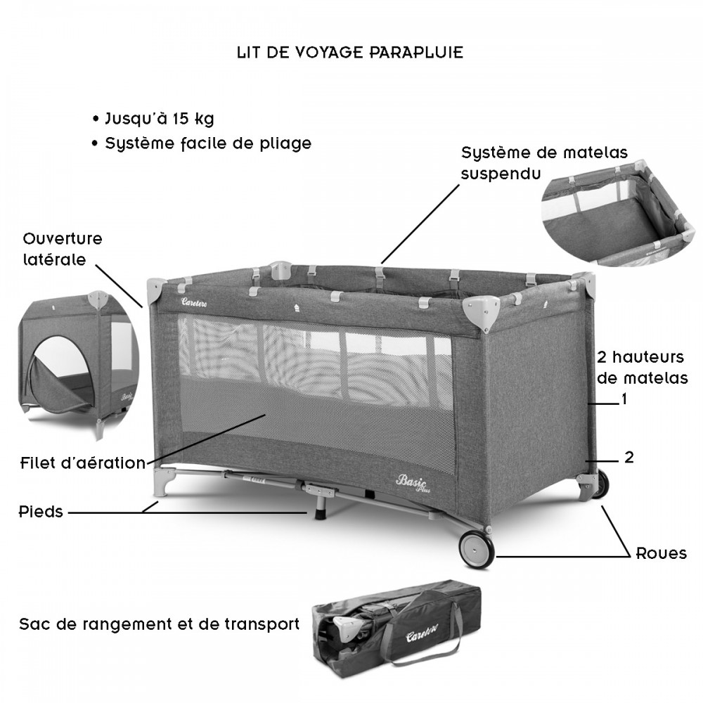 Lit parapluie bébé pliant léger à roulettes avec sac de transport