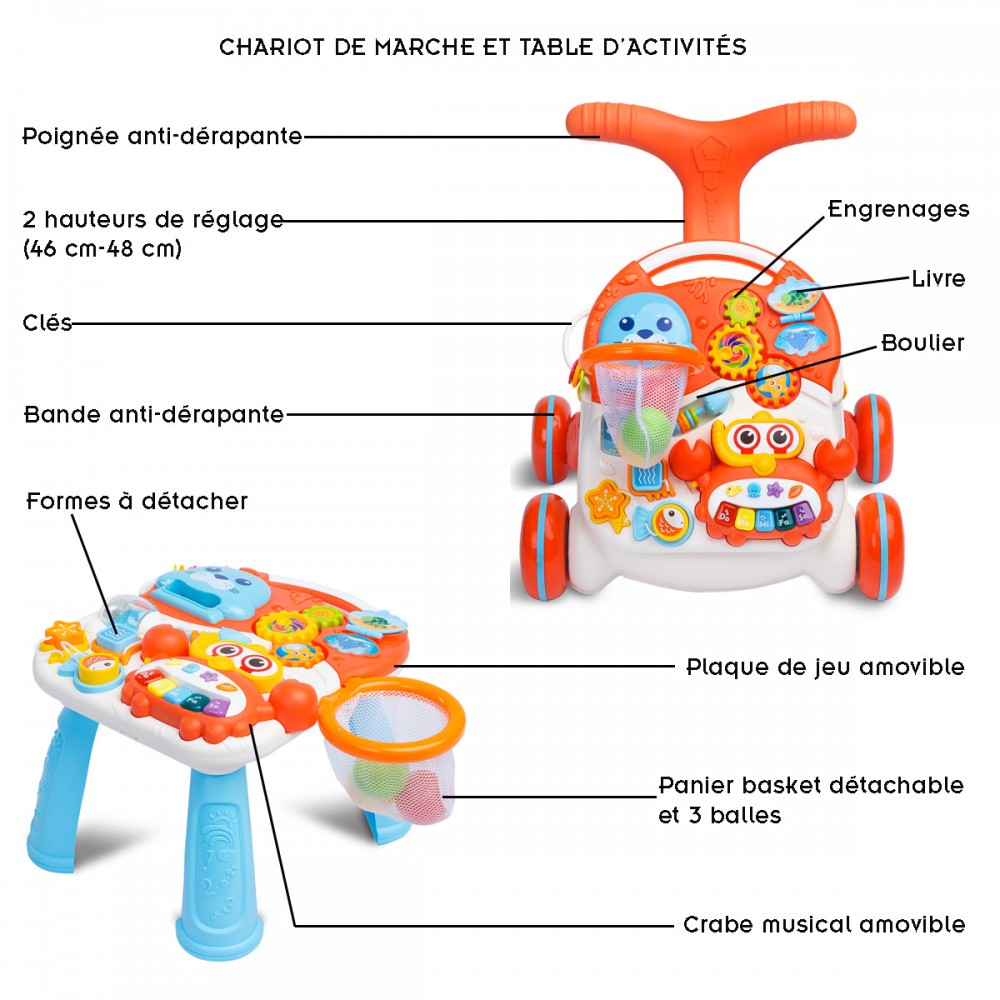 Chariot de marche bébé avec table d'activités, en bois. Livré 24/48h