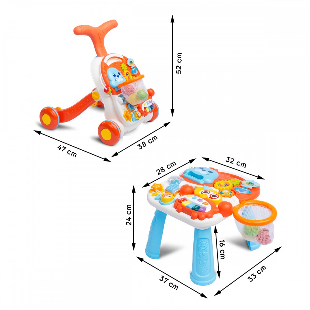 Chariot de marche enfant avec tablette d'activités, modulable en table