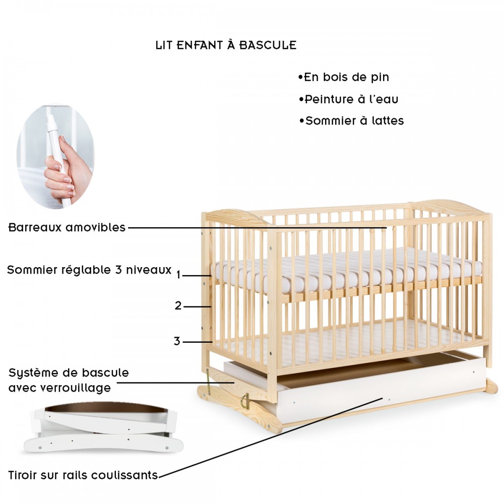 Lit Bébé à Barreaux en Bois avec tiroir 66 x 120 cm – Avec Matelas