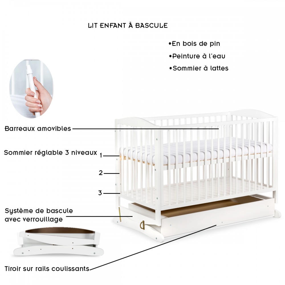 Lit bébé à barreaux 120X60 avec un tiroir et système à bascule