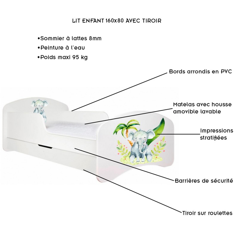 Le lit comporte un motif éléphant sur la tête et le pied de lit