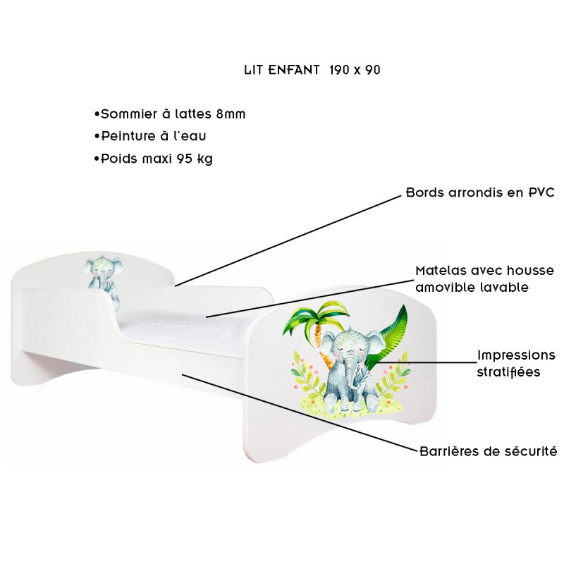 Lit blanc aux motifs éléphant