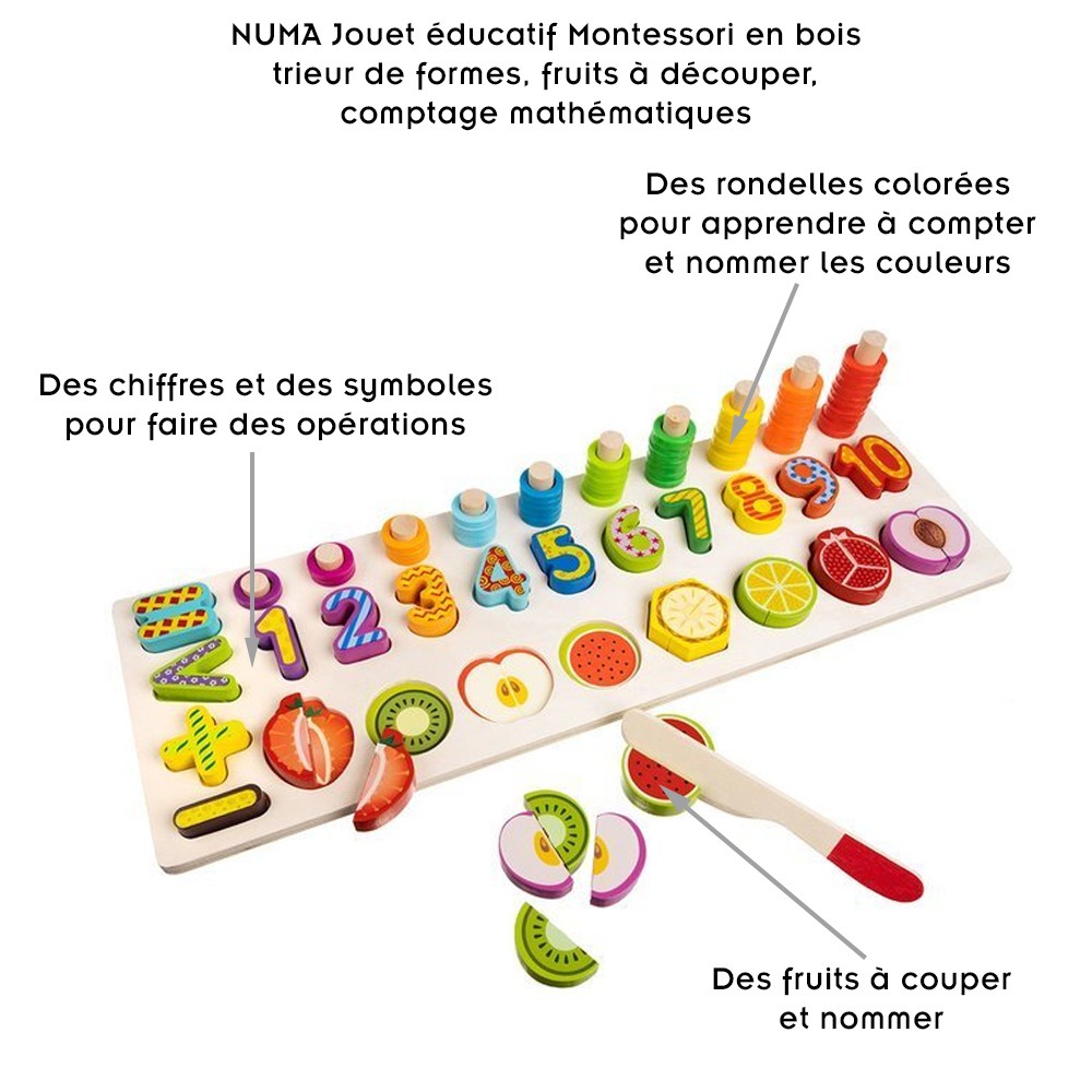 Jeu boite à compter : chiffres abacus et horloge en bois - Montessori