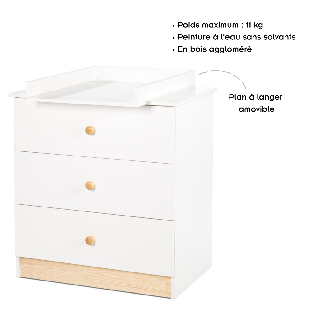 WILLY Commode à langer 3 tiroirs avec plateau à langer amovible blanc