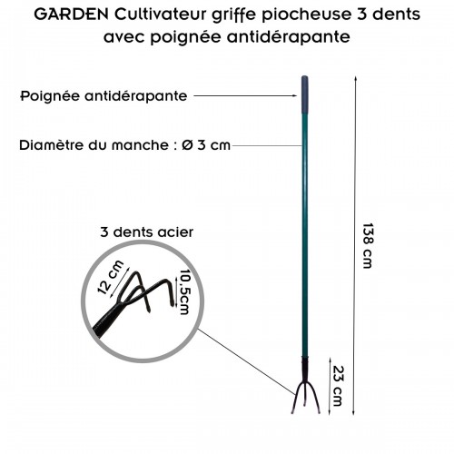 GARDEN Outils de jardinage - Cultivateur griffe piocheuse 3 dents avec manche long