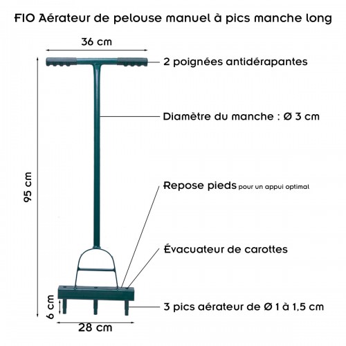 FIO Aérateur de pelouse manuel à pics manche long