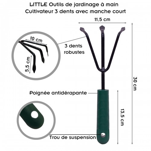 LITTLE Outils de jardinage à main - Cultivateur 3 dents avec manche court