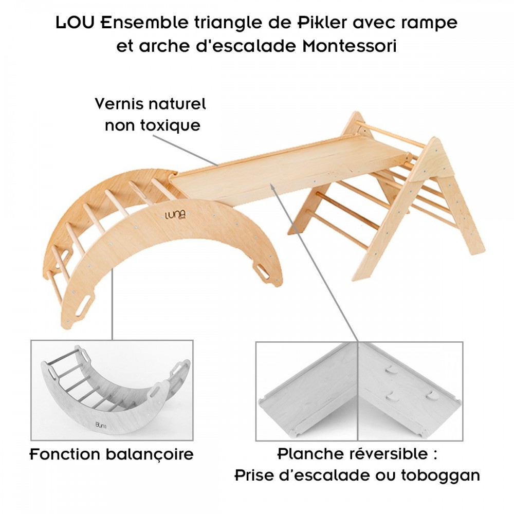 Triangle Pikler 80 avec 2 rampes d'escalade et de glisse coloris