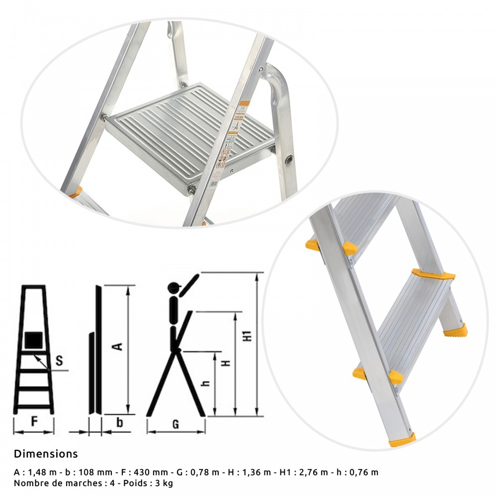 Escabeau 4 marches DURA pliable, marchepied léger en aluminium, hauteur  plateforme 75cm, pieds antidérapants, charge 150kg, garantie 5 ans Hoström