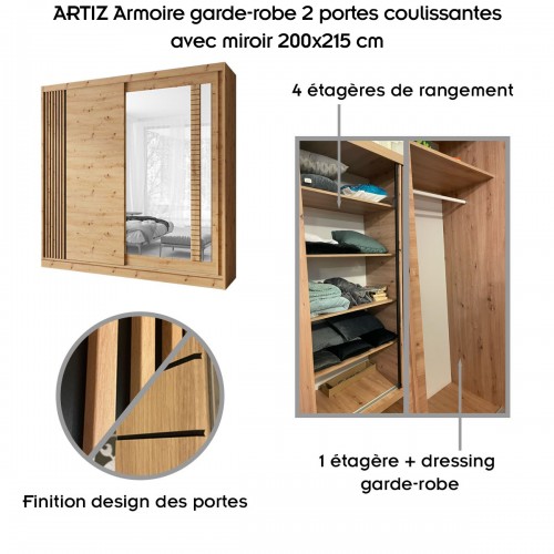 ARTIZ Armoire garde-robe 2 portes coulissantes miroir 200 x 215 cm
