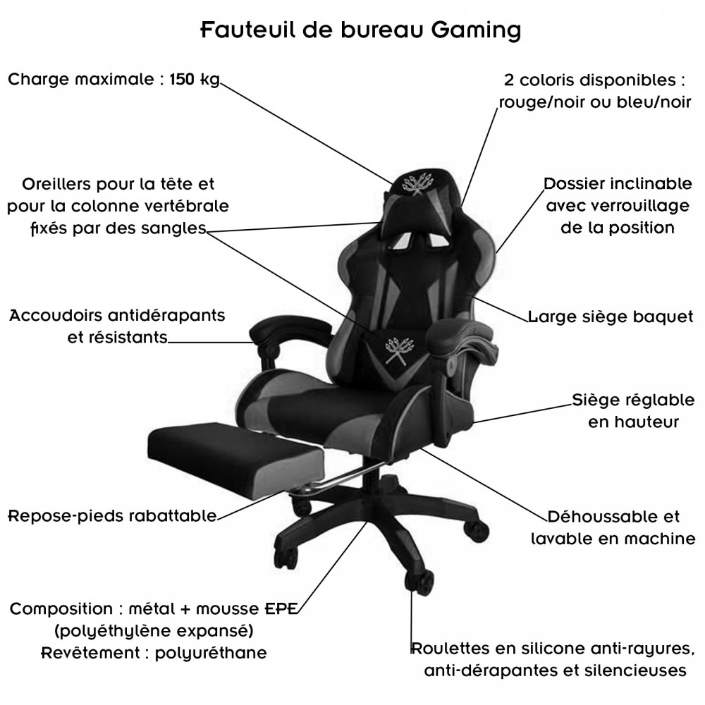 IDIMEX Chaise de Bureau Gamer Force Fauteuil Gaming Ergonomique pivotant,  siège baquet Racer avec Dossier inclinable accoudoirs réglables et Coussins  pour Le Dos, revêtement Tissu Noir/Rouge