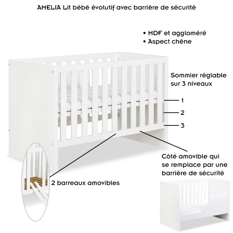 AMELIA Lit bébé 120x60 Blanc