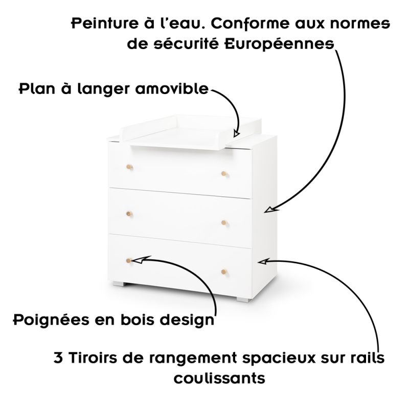 KAROLINA II Commode bébé avec plan à langer amovible et 3 tiroirs