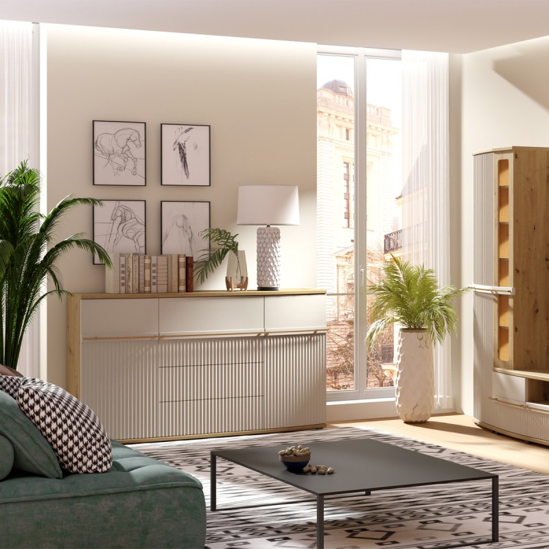 CANDY Buffet 2 portes 4 tiroirs 175x101 cm courbé à relief en bois design moderne épuré