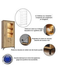 PARII Vaisselier 5 étages en bois vitrine avec LED 89x196 cm design contemporain 2