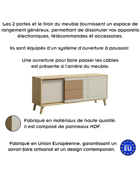 BRUNO Meuble TV 2 portes 1 tiroir 130x53 cm en bois clair design intemporel