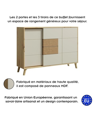 BRUNO Buffet commode 2 portes 3 tiroirs 130x89 cm en bois clair design intemporel