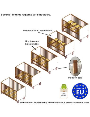 MATTI Lit bébé évolutif à barreaux pieds droits vernis écologique