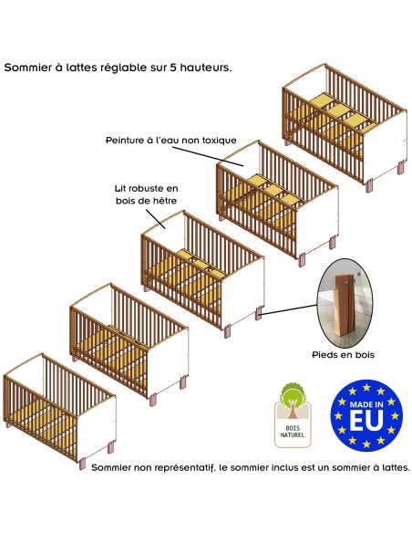 MATTI Lit bébé évolutif à barreaux pieds droits vernis écologique