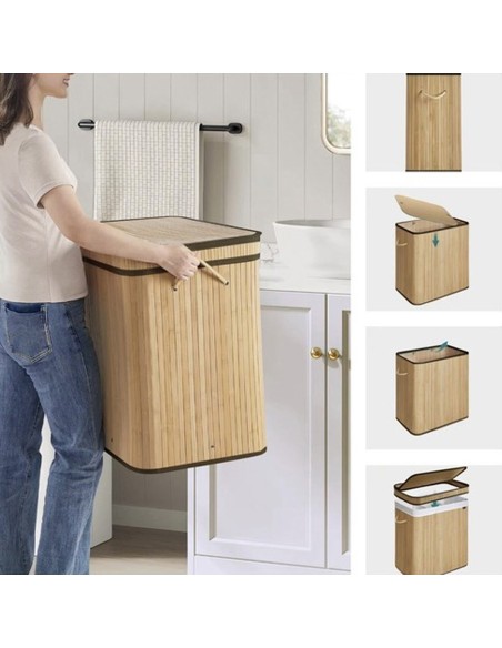 Panier à linge robuste en bambou  100 L 2 compartiments salle de bain Panier à linge robuste en bambou  100 L 2 compartiments salle de bain