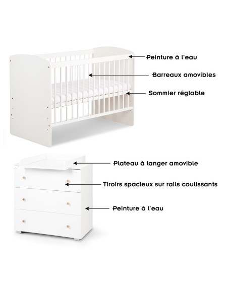 KAROLINA II Ensemble lit bébé 120x60 et commode à langer 3 tiroirs