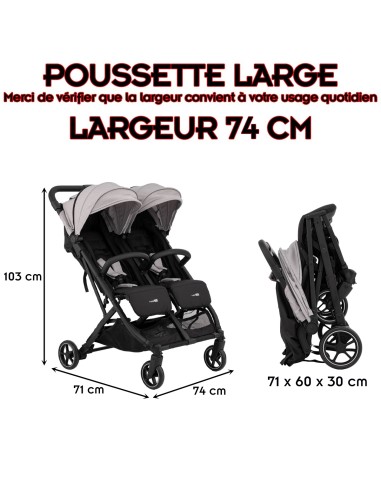 Poussette jumeaux ou enfants rapprochés largeur 74 cm