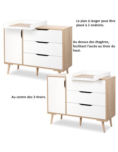 Commode avec plan à langer amovible, 3 tiroirs, 1 porte et 3 étagères