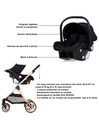 VISTA Poussette combinée jusqu'à 22 kg nacelle souple + assise classique avec cosy i-Size et base Isofix en option
