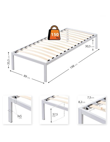 Cadre de lit en acier robuste avec sommier à lattes en bois et pieds
