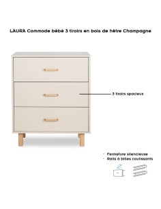 LAURA Commode bébé en bois de hêtre 3 tiroirs Champagne 2
