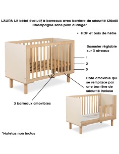 LAURA Lit bébé évolutif à barreaux avec barrière de sécurité 120x60 Champagne 2