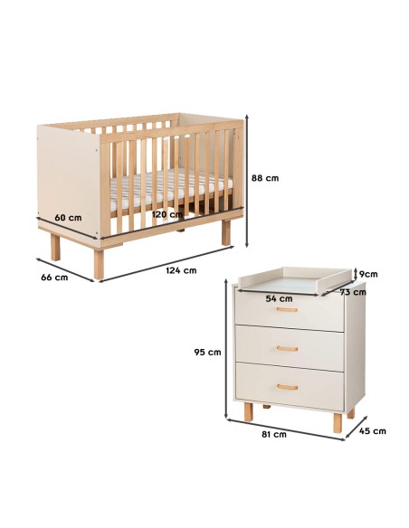 LAURA Ensemble bébé commode et lit évolutif 120x60 Champagne