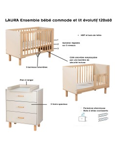 LAURA Ensemble bébé commode et lit évolutif 120x60 Champagne 2