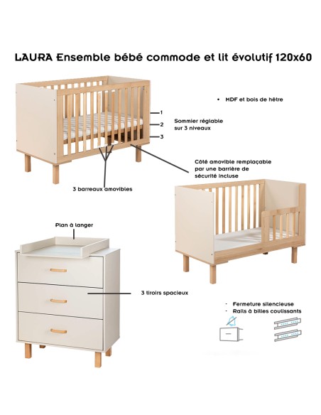 LAURA Ensemble bébé commode et lit évolutif 120x60 Champagne