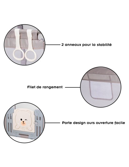 AMICO Parc bébé 180×200 cm avec porte, filets respirants et 2 poignées