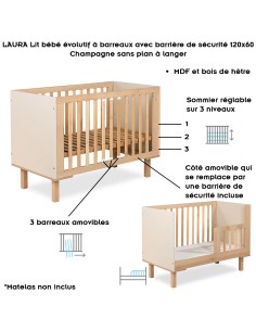 LAURA Lit bébé évolutif à barreaux avec barrière de sécurité 120x60 Champagne 2
