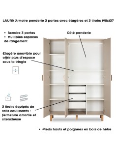 LAURA Armoire penderie 3 portes avec étagères et 3 tiroirs 195x137 2