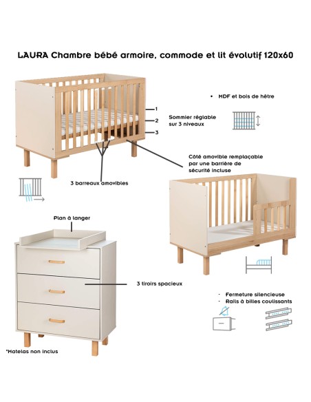 LAURA Ensemble bébé commode et lit évolutif 120x60 Champagne