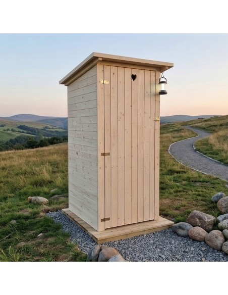 Abri WC en bois fabrication artisanale, solide et prêt à poser. Toilettes sèches robustes style rustique.