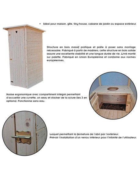 Abri WC en bois fabrication artisanale, solide et prêt à poser. Toilettes sèches robustes style rustique.