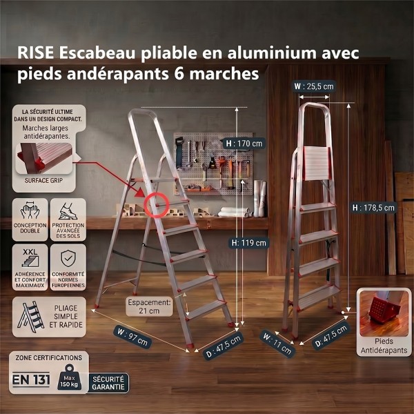 RISE Escabeau pliable en aluminium avec pieds antidérapants