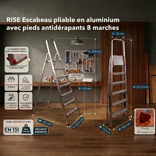 RISE Escabeau pliable en aluminium avec pieds antidérapants