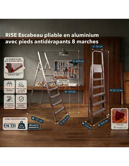 RISE Escabeau pliable en aluminium avec pieds antidérapants