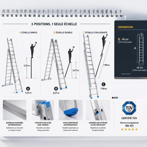 PETRA Echelle professionnelle transformable en aluminium 3 plans