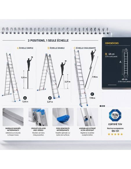 PETRA Echelle professionnelle transformable en aluminium 3 plans