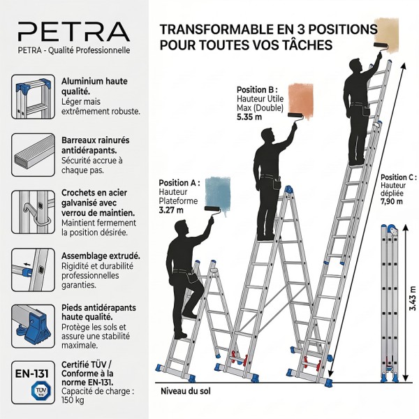 PETRA Echelle professionnelle transformable en aluminium 3 plans